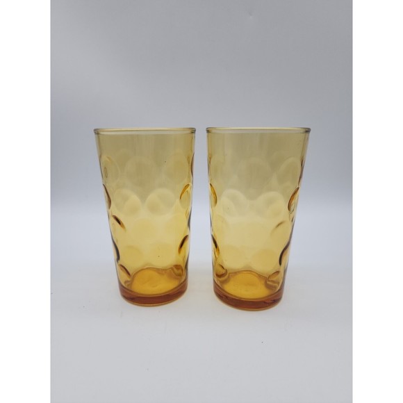 Hazel Atlas Glass Amber Capri Dot ELDORADO GOLD 10 oz Tumblers Set of Two - Picture 1 of 12